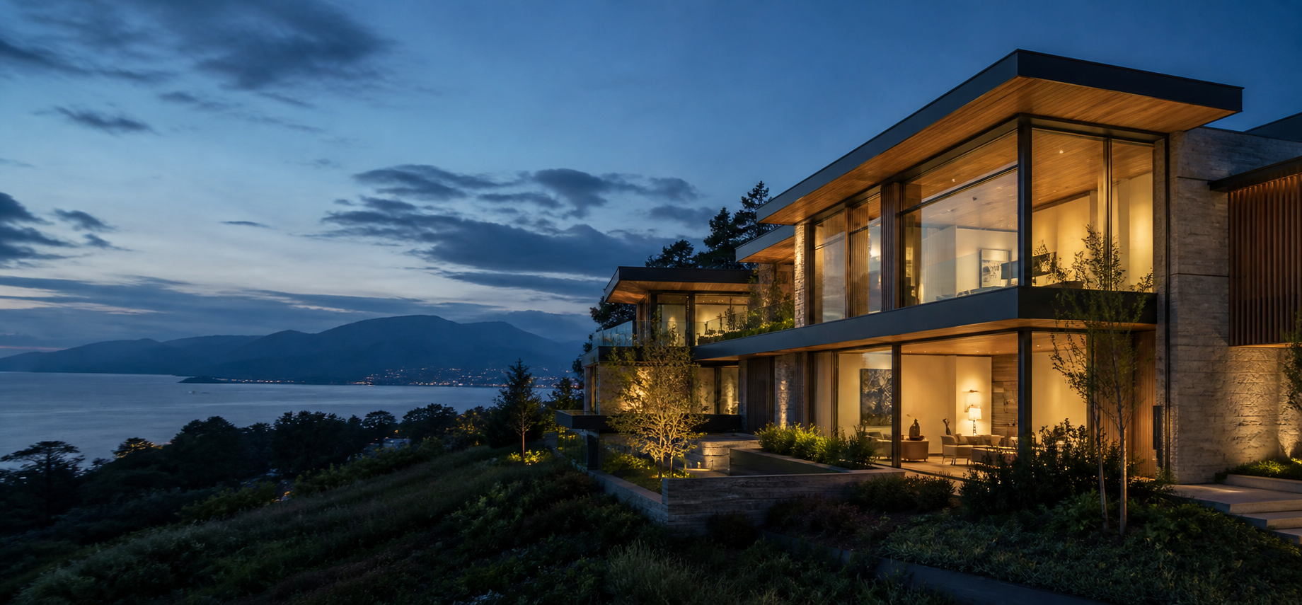 Modern luxury home overlooking the water at dusk