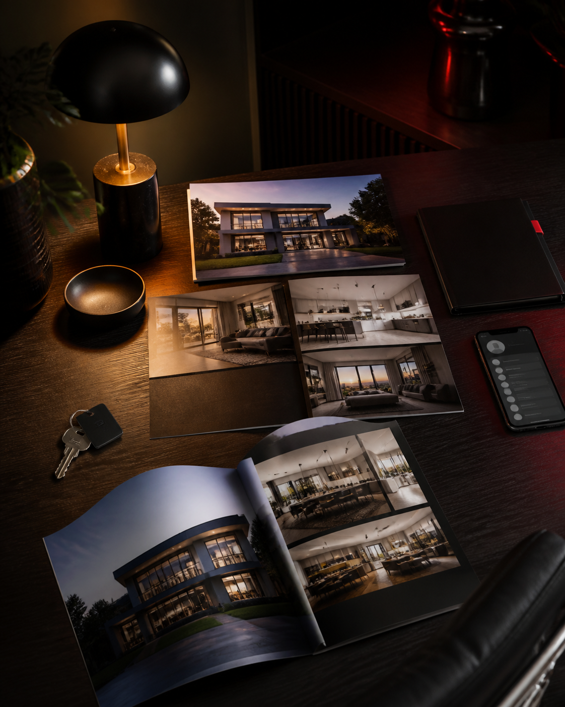 Real estate listing photos, client follow-up phone, notebook, and property keys